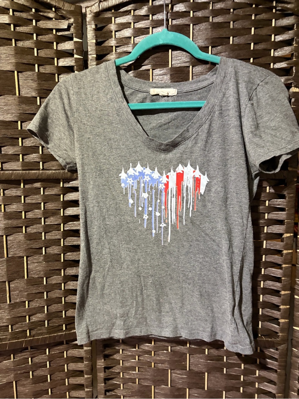 UPCYCLED Active Basic Gray V-Neck Tee with Red, White & Blue Heart Graphic